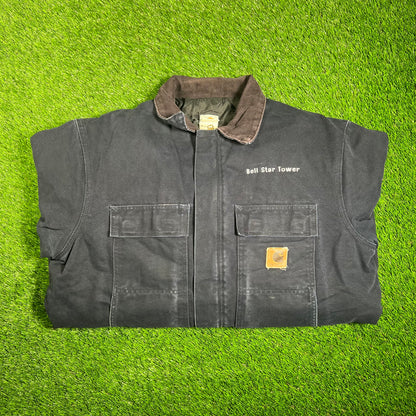 1990s Carhartt Bell Star Tower Workwear Navy Blue Jacket Size XL USED v18148