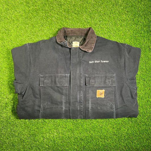 1990s Carhartt Bell Star Tower Workwear Navy Blue Jacket Size XL USED v18148