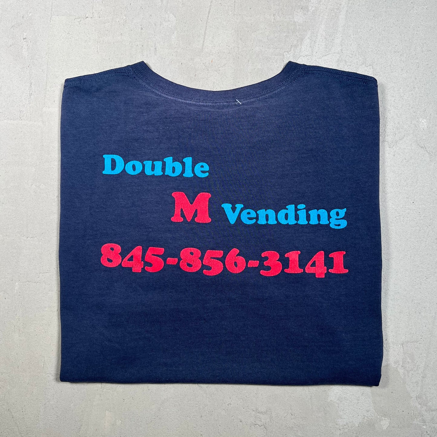Y2K Double M Vending Navy Blue Tee Size Large USED v18330