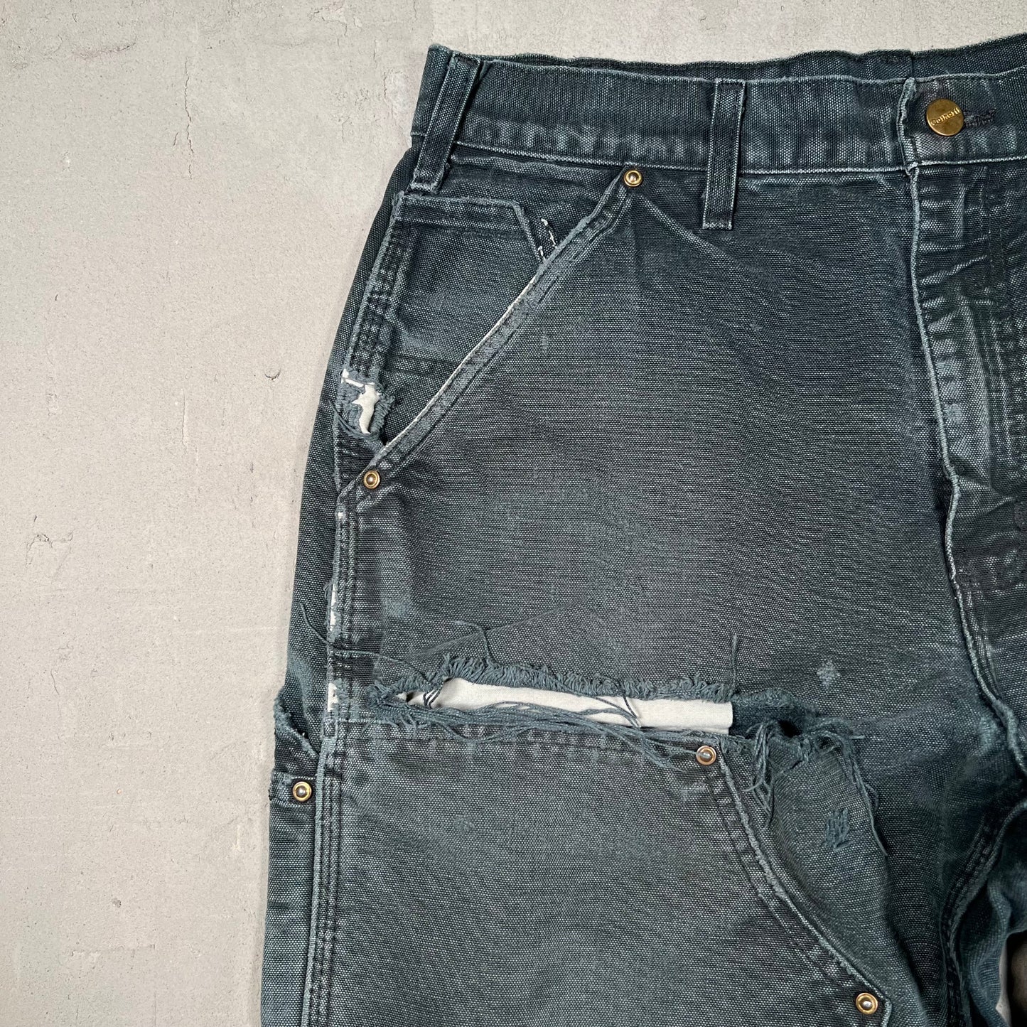Y2K Carhartt Washed Black Thrashed Double Knees Size 34 USED v19550