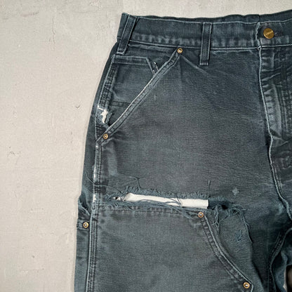 Y2K Carhartt Washed Black Thrashed Double Knees Size 34 USED v19550