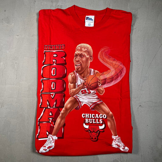 1990s Dennis Rodman Chicago Bulls Pro Player Tag Red Tee Size Large USED v17800