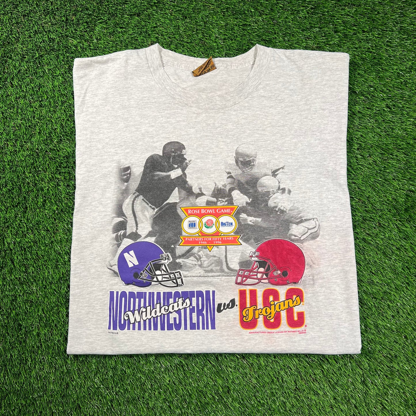 1996 Rose Bowl Game North Western WildCats vs USC Trojans Grey Tee Size XL USED v18486