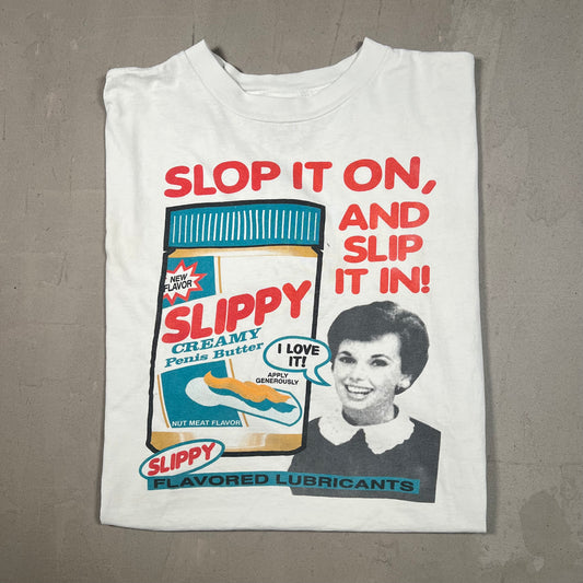 1990s Slop It On Slippy Lubricants White Tee Size Large USED v19028