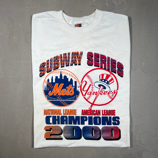 2000 Yankees Mets Subway Series Champs White Tee Size XL USED v19215