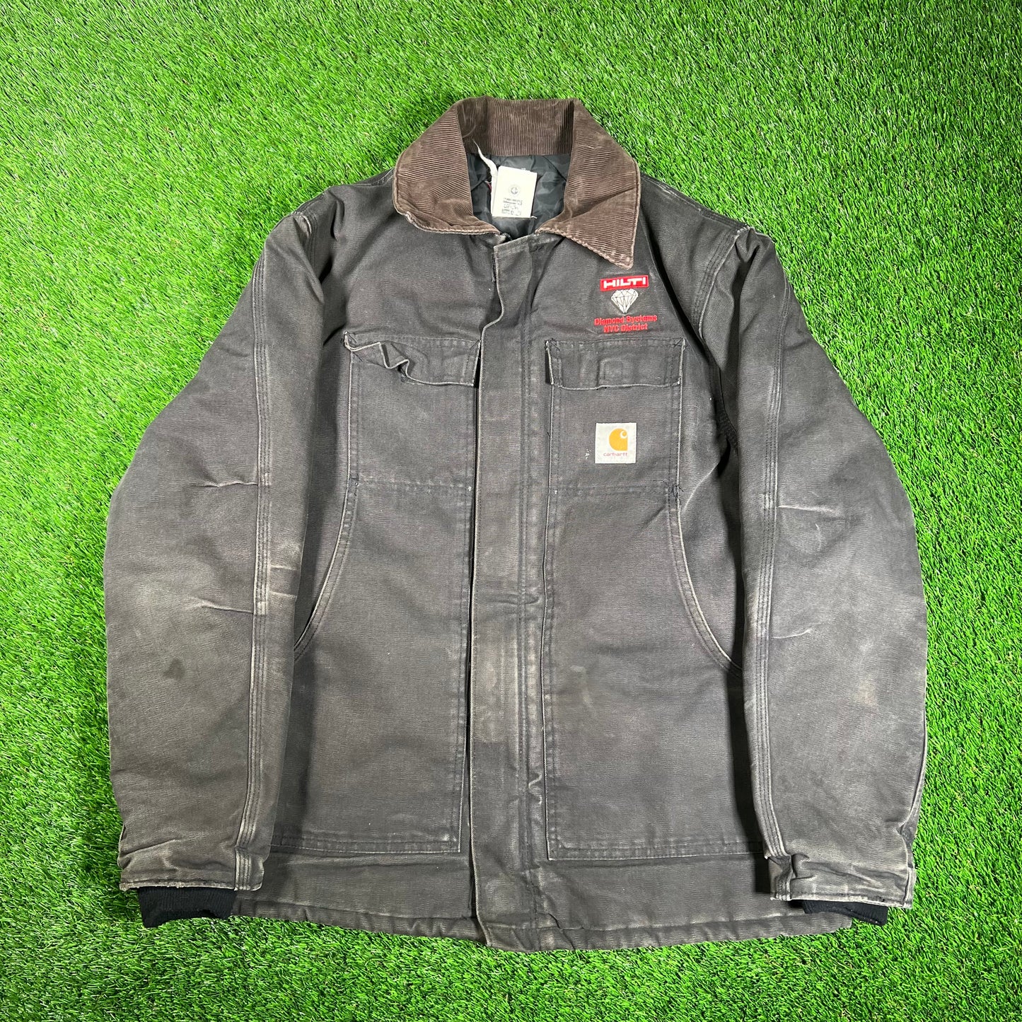 1990s Carhartt Arctic Work Wear Diamond System NYC District Washed Black Jacket Size XL USED v18209