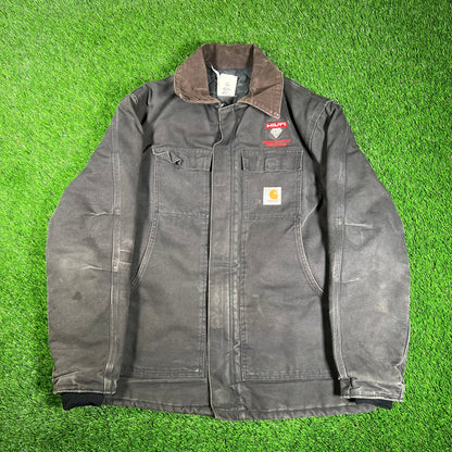 1990s Carhartt Arctic Work Wear Diamond System NYC District Washed Black Jacket Size XL USED v18209