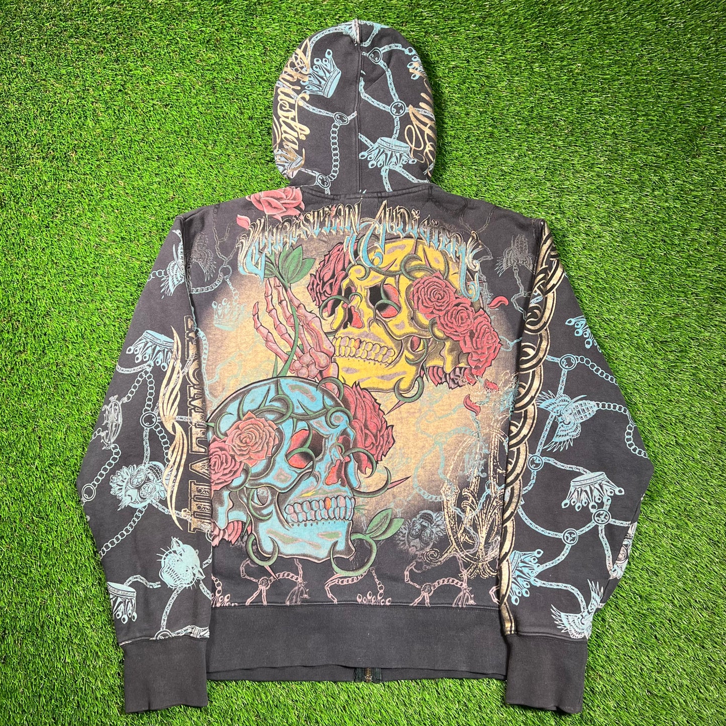 Christian Audigier Black AOP Hoodie Size Large USED x16687