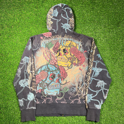 Christian Audigier Black AOP Hoodie Size Large USED x16687