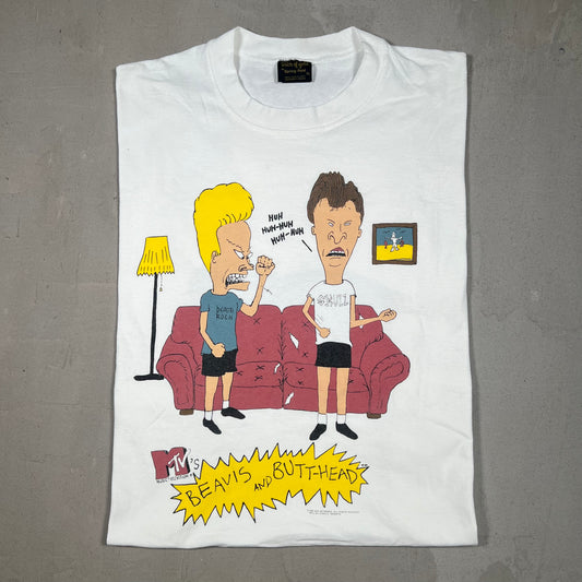 1993 Beavis and Butthead "Huh Huh Huh" White Tee Size XL USED v19278