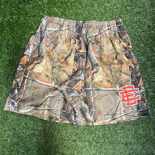 Eric Emanuel Orange Logo Green Camo Shorts Size Medium USED x14037