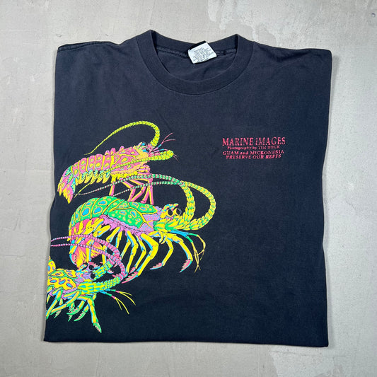 1990s Marine Images Black Neon Crawfish Tee Size Medium USED v19171