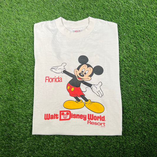 1980s Micky Mouse Walt Disney World White Tee Size Large USED v17696