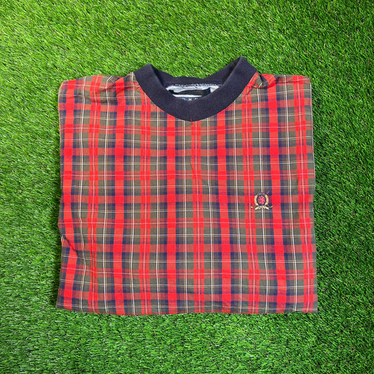 1990s Tommy Hilfiger Golf Red Plaid Crewneck Size Large USED v18881