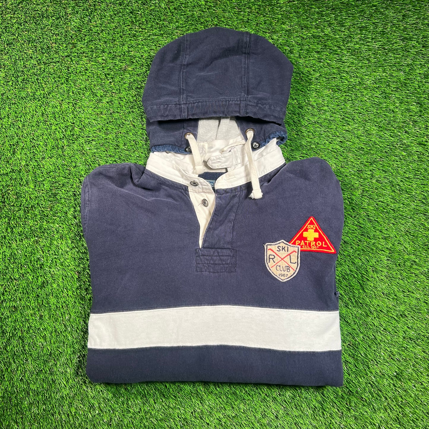 Y2K Polo Ralph Lauren Ski Club Detachable Navy Hood Polo Longsleeve Size XL USED v18379
