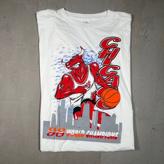 1998 Chicago Bulls Ripped Bull World Champs Tultex Tag White Tee Size XL USED v16733
