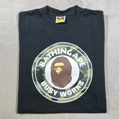 Bape Busy Work Camo Logo Black Tee Size Large USED x18935