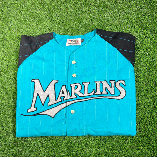1990s Marlins Mirage Blue Button Up Jersey Size XL USED v17391