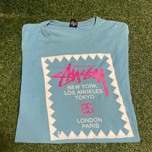 Y2K Stussy Light Blue Tour Tee Size XXL USED x13739