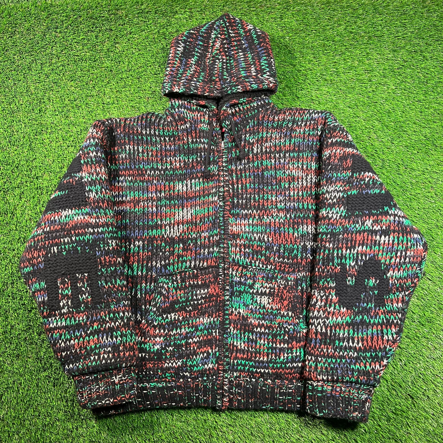Supreme Faux Shearling Lined Multi Color Hooded Sweater Size Large USED x16414