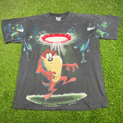 1997 Taz Alien Abduction AOP Black Tee Size Large USED v16950