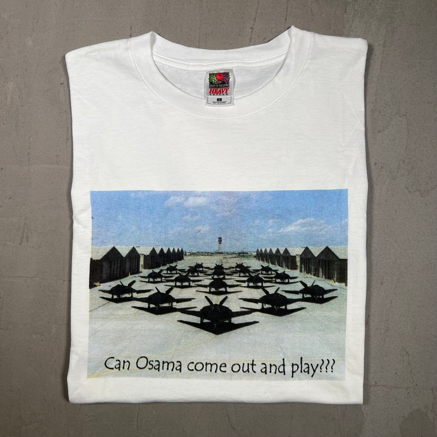Y2K Osama Come Out And Play Fighter Jets White Tee Size Large USED v16747