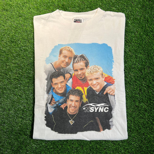 1998 NSYNC Group Photo White Tee Size Medium USED v18692