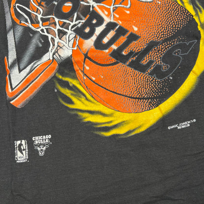 1990s Chicago Bulls Flaming Dunking Ball Black Tee Size XL USED v17807