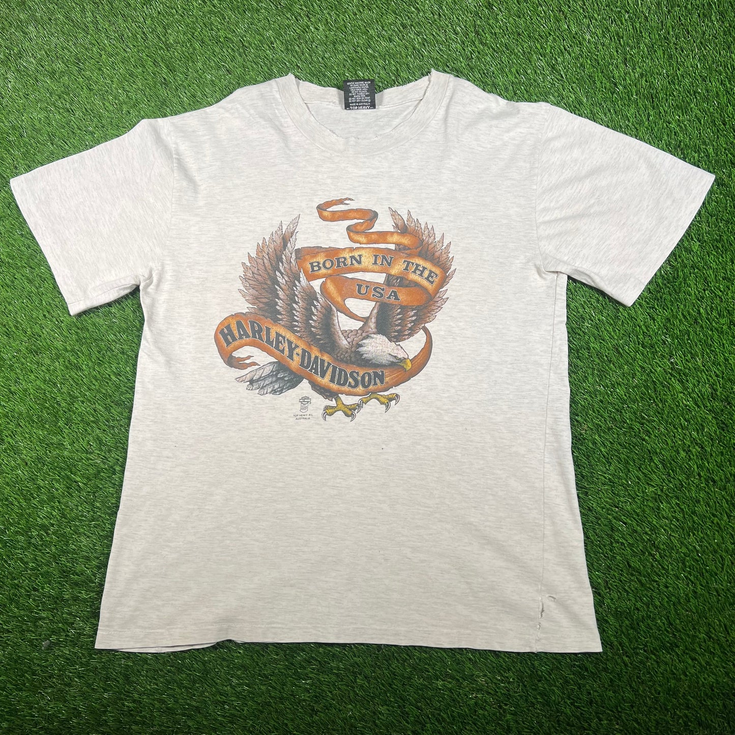 1990s Harley Davidson "Born in the USA" Light Grey Tee SIze Large USED v18032