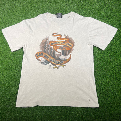 1990s Harley Davidson "Born in the USA" Light Grey Tee SIze Large USED v18032