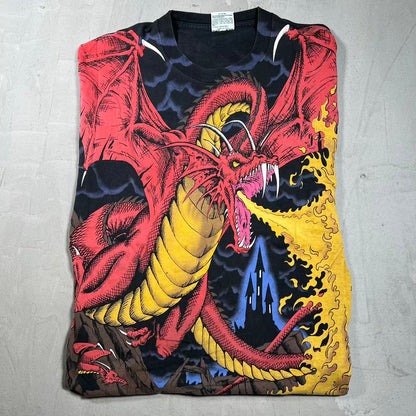1993 Liquid Blue Dragon AOP Black Tee Size Large USED v20050