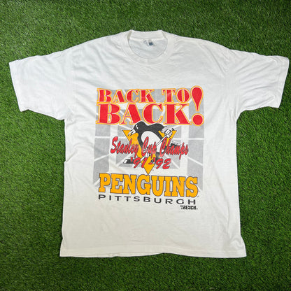 1992 Penguins Stanley Cup Champs White Tee Size XL USED v16675