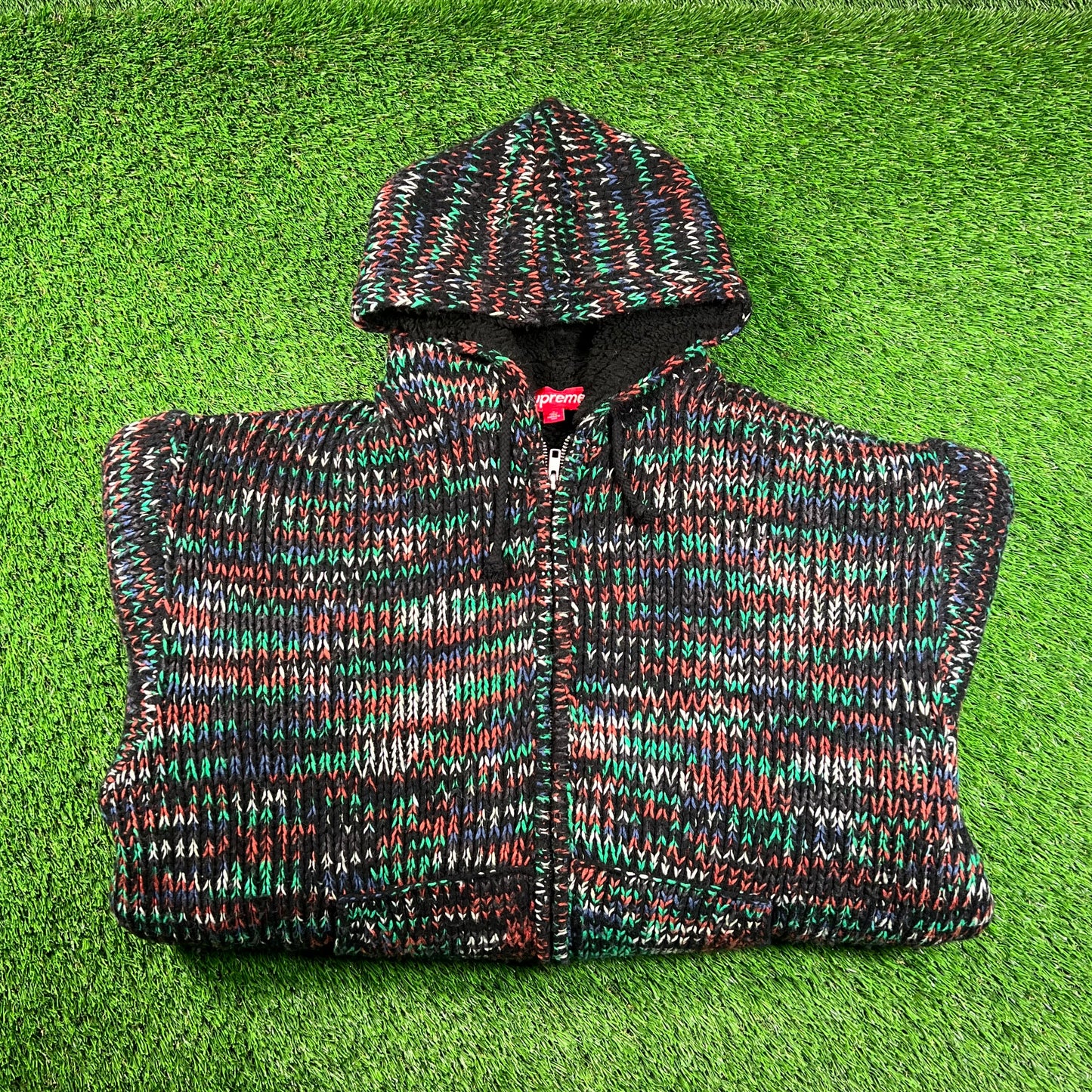 Supreme Faux Shearling Lined Multi Color Hooded Sweater Size Large USED x16414