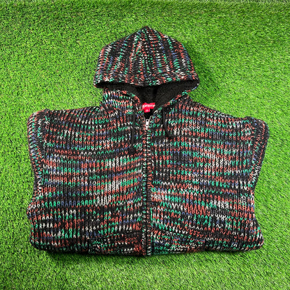 Supreme Faux Shearling Lined Multi Color Hooded Sweater Size Large USED x16414