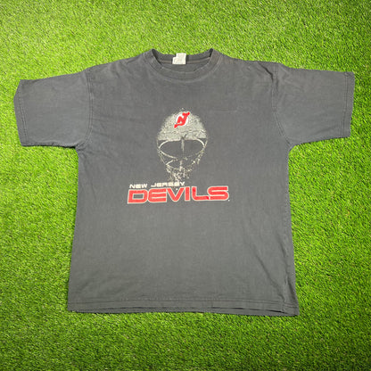Y2K New Jerey Devils Washed Black Tee Size XL USED v17478