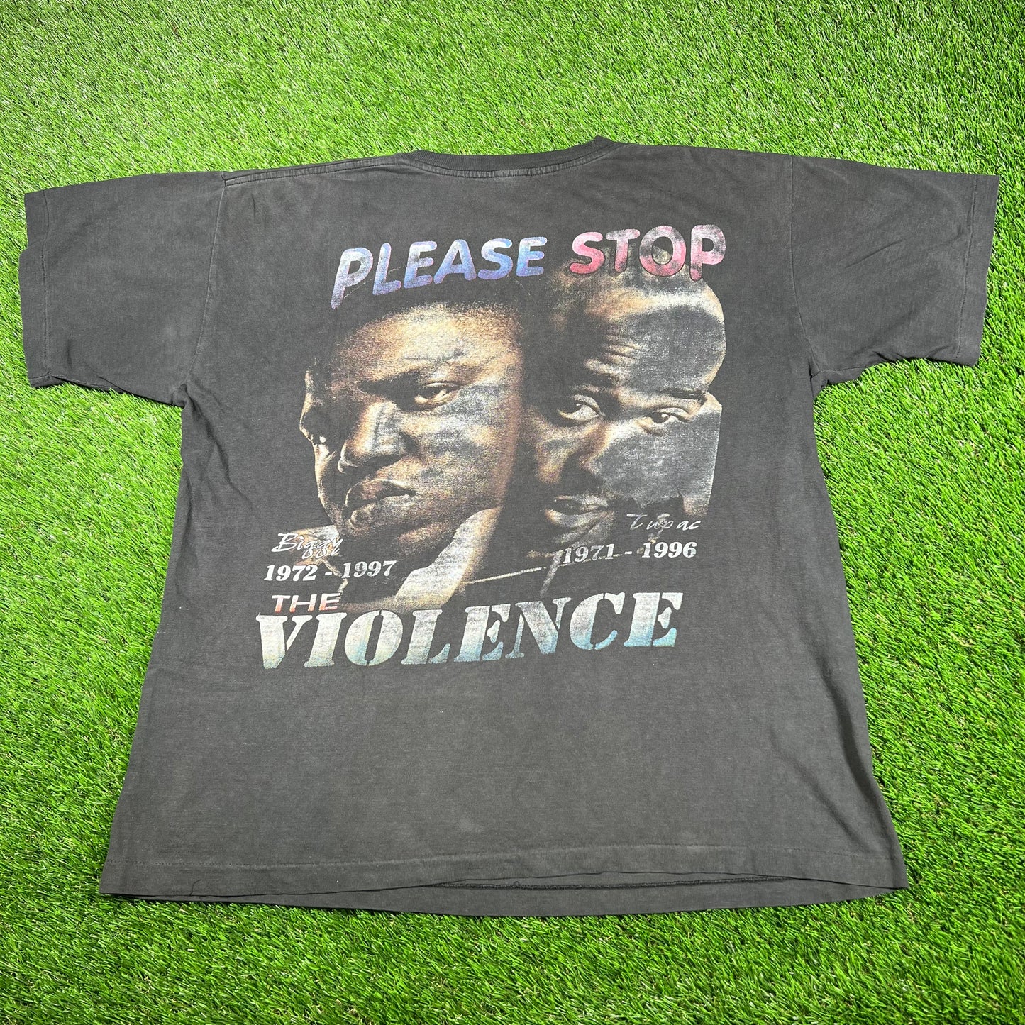 1990s Biggie Smalls Tupac Stop The Violence Rap Style Black Tee Size XL USED v16952