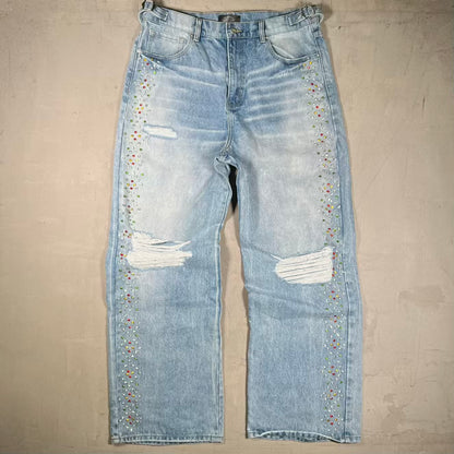 HMDD Blue Wash H Star Rhinestone Baggy Denim Jeans Size XL USED x18951