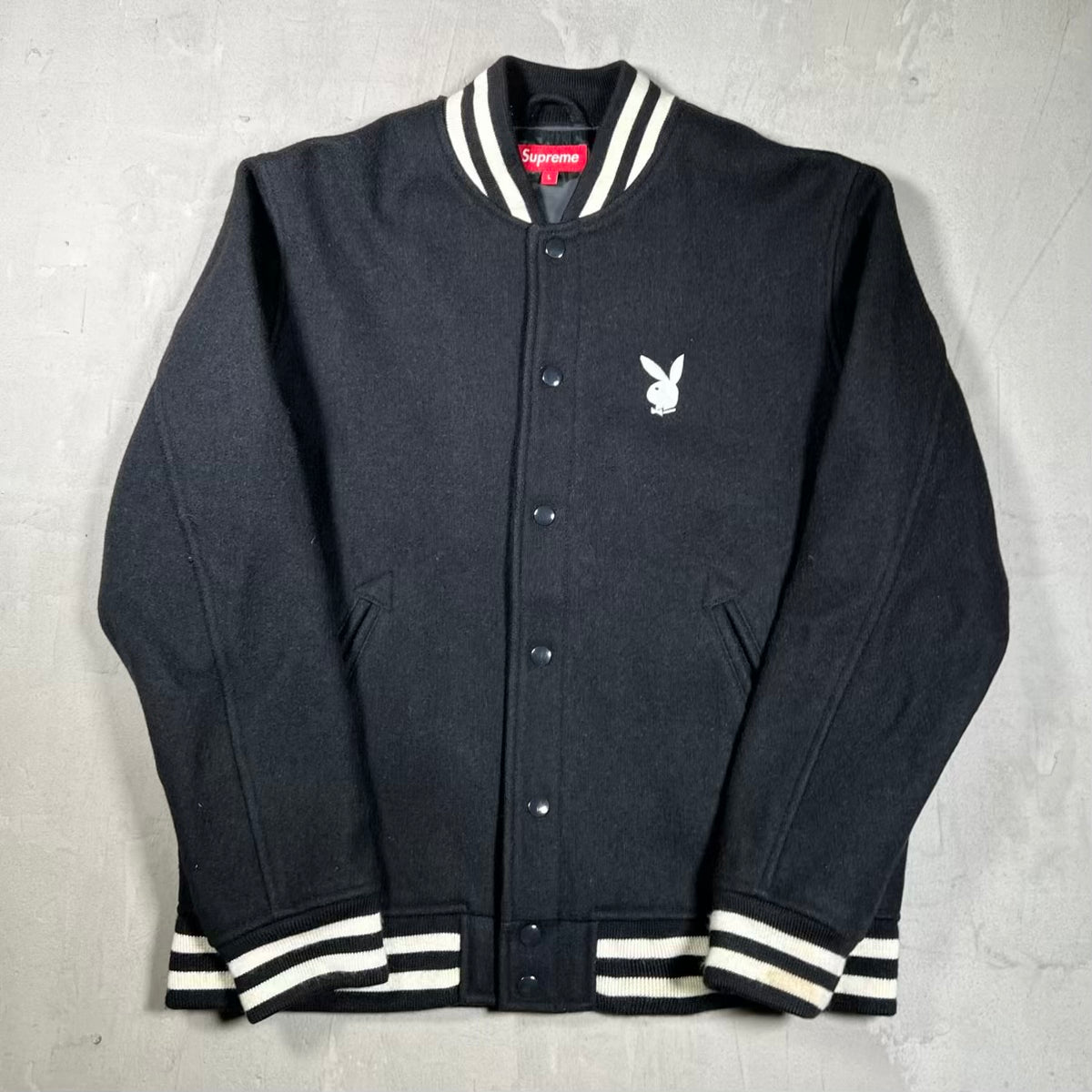 Supreme Playboy Bunny Woll Black Varsity Jacket (2011) Size Large USED x18505