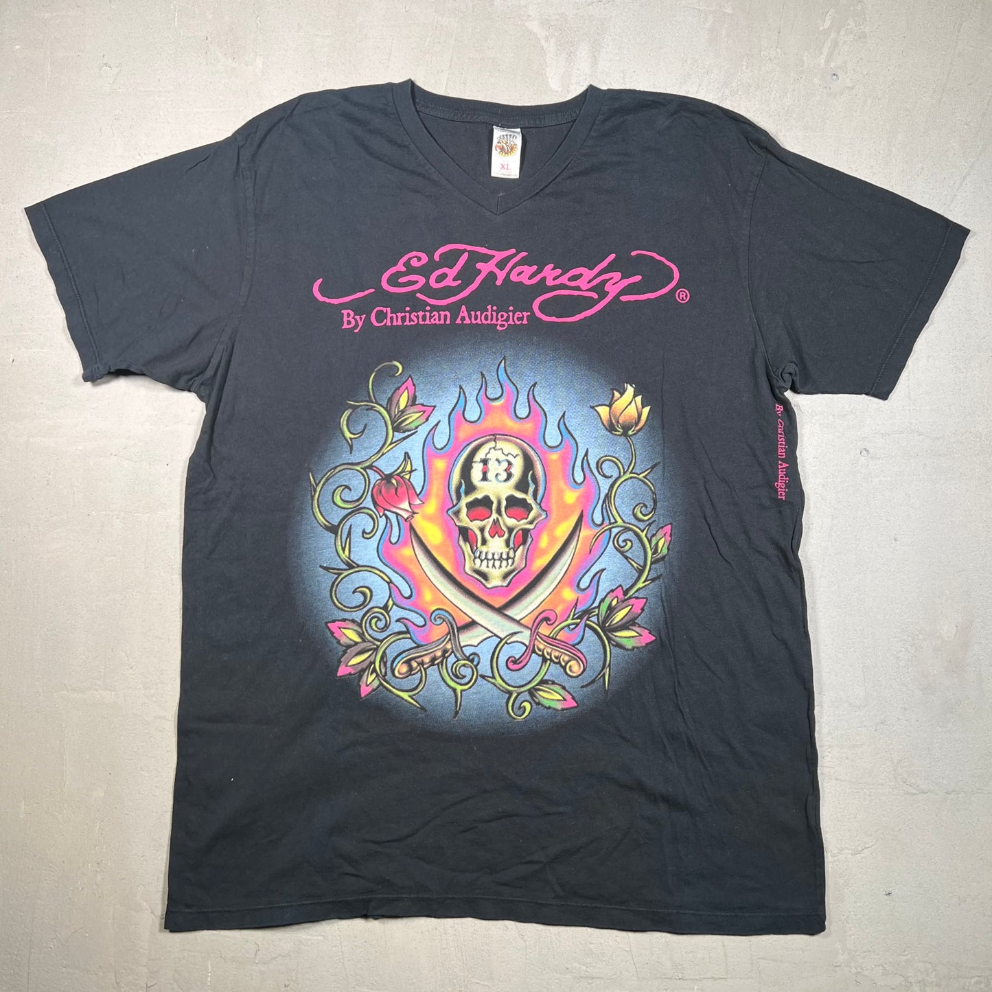 Ed Hardy Skull Flame Black Tee Size XL USED v19155