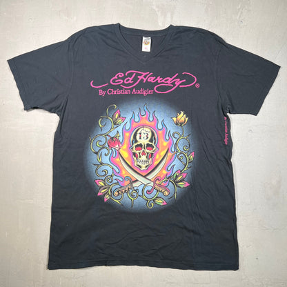 Ed Hardy Skull Flame Black Tee Size XL USED v19155