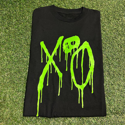 XO Nav Bad Habits Green Print Black Tee Size Small USED v16474