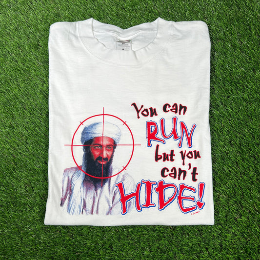 Y2K Osama You Can Run But Cant Hide White Tee Size Large USED v16751