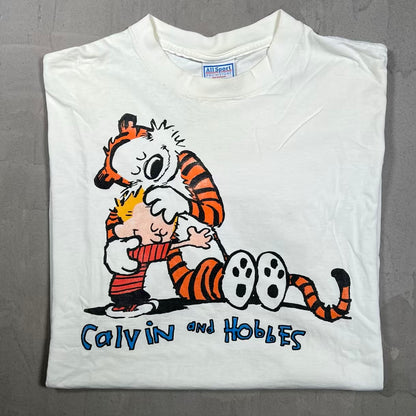 1990s Calvin and Hobbes Promo Cartoon White Tee Size XL USED v20209