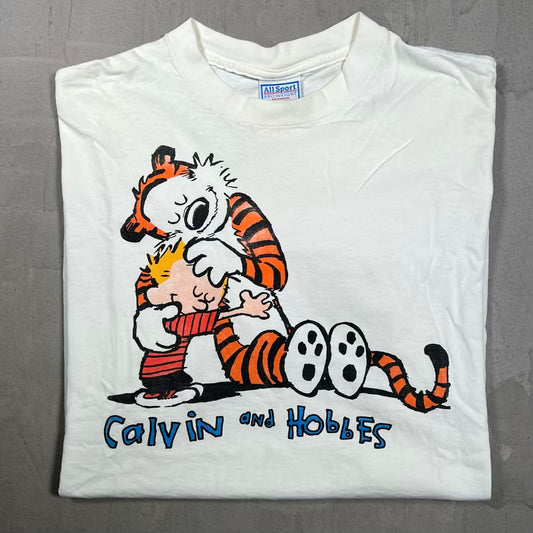 1990s Calvin and Hobbes Promo Cartoon White Tee Size XL USED v20209