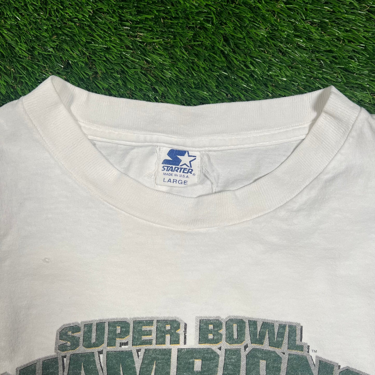 1997 Starter Green Bay Packers Super Bowl XXXI Champions White Tee Size Large USED v18493