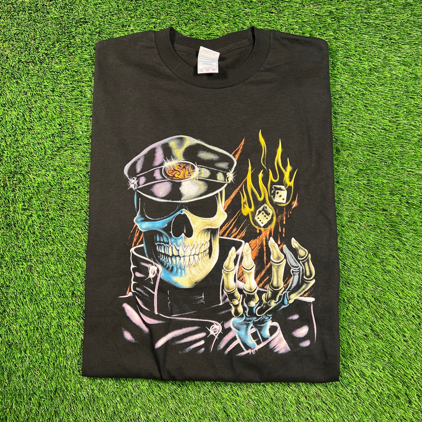 Y2K Skeleton Biker w/ Dice Black Tee Size XL USED v18452
