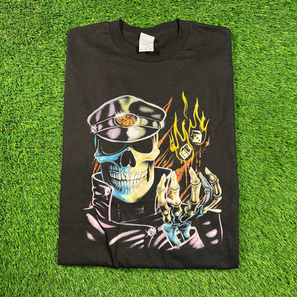 Y2K Skeleton Biker w/ Dice Black Tee Size XL USED v18452