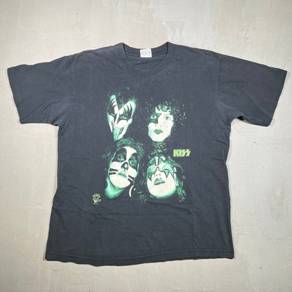 1996 Kiss GLow In Dark 4 Faces Washed Black Tee Size XL USED v19238
