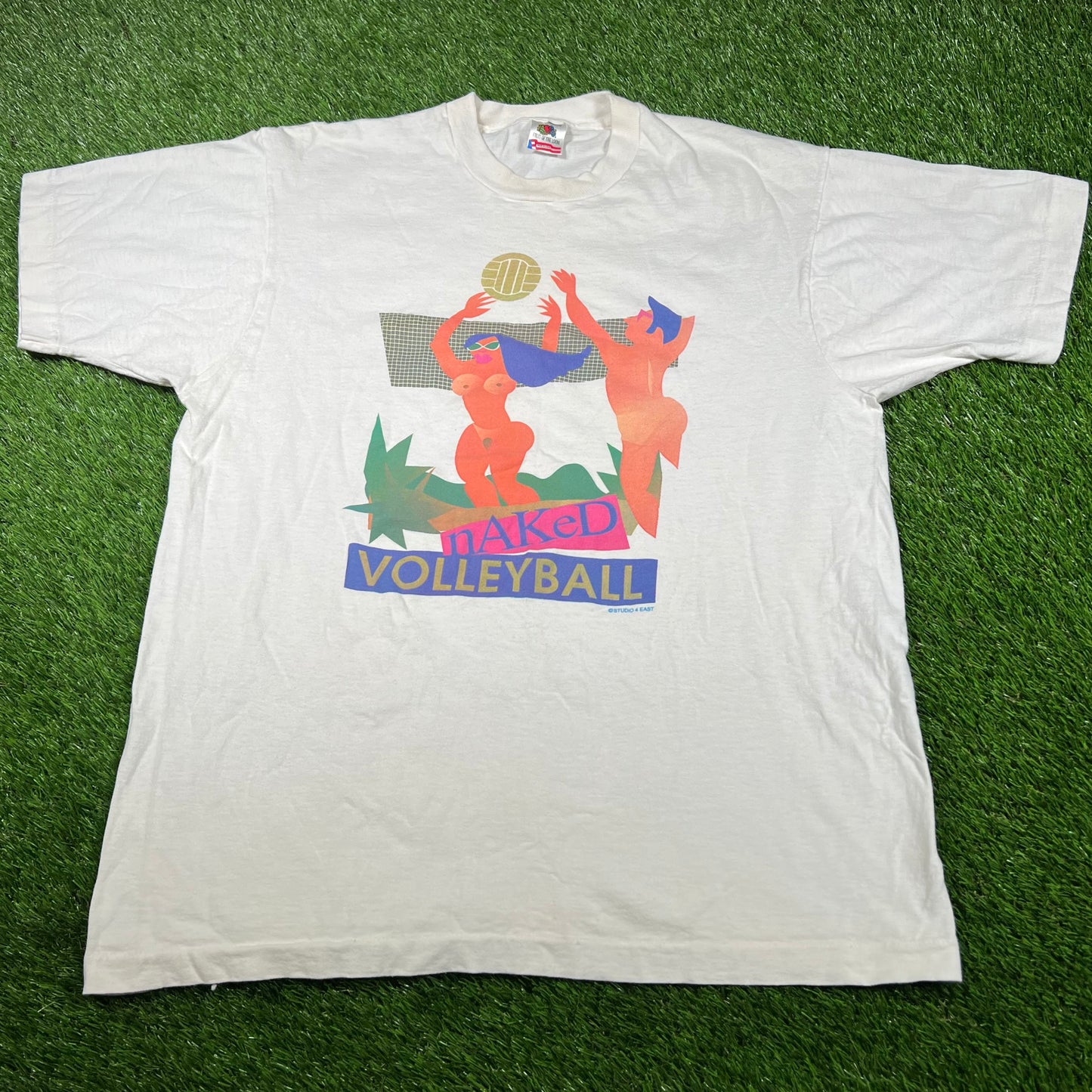 1990s Naked Volleyball White Tee Size XL USED v16934