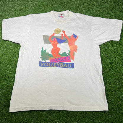 1990s Naked Volleyball White Tee Size XL USED v16934